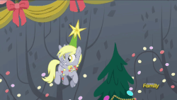 Size: 960x540 | Tagged: safe, edit, edited screencap, editor:zippysqrl, screencap, derpy hooves, pegasus, pony, a hearth's warming tail, g4, animated, cartoon physics, christmas, christmas tree, cute, dendrophilia, derpy star, discovery family logo, female, gif, grin, hammerspace, hammerspace belly, holiday, impossible fit, insertion, mare, open mouth, sitting, smiling, solo, spread wings, tree