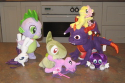 Size: 2325x1540 | Tagged: safe, artist:cheerbearsfan, fluttershy, rarity, spike, twilight sparkle, axew, g4, irl, moshi monsters, photo, plushie, pokémon, skylanders, spyro the dragon, spyro the dragon (series)