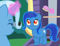 Size: 3300x2550 | Tagged: safe, artist:badumsquish, derpibooru exclusive, trixie, oc, oc:ursalia, hybrid, pony, unicorn, g4, badumsquish is trying to murder us, badumsquish strikes again, brush, brushie, colored pupils, crack ship offspring, cute, duo, ethereal mane, eyes closed, female, filly, foal, fridge horror, hairbrush, happy, high res, implied bestiality, interspecies offspring, looking up, magic, mare, momma trixie, offspring, parent:trixie, parent:ursa minor, parents:urxie, raised leg, red eyes, smiling, starry mane, the implications are horrible, trixie's wagon, wat