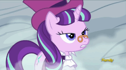 Size: 858x482 | Tagged: safe, screencap, princess luna, snowfall frost, spirit of hearth's warming yet to come, starlight glimmer, a hearth's warming tail, g4, animated, discovery family logo, female, frown, open mouth, snow, spread wings, talking