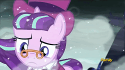 Size: 858x482 | Tagged: safe, screencap, princess luna, snowfall frost, spirit of hearth's warming yet to come, starlight glimmer, a hearth's warming tail, g4, animated, discovery family logo, female, pointing