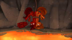 Size: 4000x2250 | Tagged: safe, artist:marsminer, oc, oc only, oc:mars miner, oc:venus spring, bondage, dialogue, high res, imminent death, lava, marspring, rope, unsexy bondage