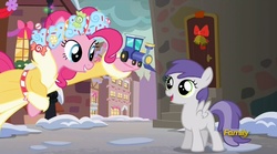 Size: 2048x1138 | Tagged: safe, screencap, pinkie pie, spirit of hearth's warming presents, tornado bolt, a hearth's warming tail, g4, my little pony: friendship is magic, discovery family logo, female, tornadorable, toy