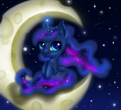 Size: 3178x2886 | Tagged: safe, artist:nuumia, princess luna, alicorn, pony, g4, crescent moon, cute, female, filly, high res, looking at you, lunabetes, missing accessory, moon, night, sitting, sky, smiling, solo, stars, tangible heavenly object, transparent moon, woona, younger