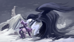 Size: 3840x2160 | Tagged: safe, artist:underpable, princess luna, snowfall frost, spirit of hearth's warming yet to come, starlight glimmer, alicorn, pony, unicorn, a hearth's warming tail, g4, clothes, curved horn, duo, female, floppy ears, frown, glowing eyes, hat, high res, horn, mare, pointing, raised hoof, scared, scene interpretation, snow, snowfall, underhoof, wide eyes