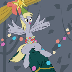 Size: 1500x1500 | Tagged: safe, artist:laserbiskit, derpibooru exclusive, a hearth's warming tail, g4, my little pony: friendship is magic, christmas lights, christmas tree, derpy star, open mouth, scene interpretation, smiling, tree, underhoof