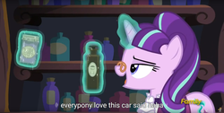 Size: 1920x970 | Tagged: safe, screencap, snowfall frost, starlight glimmer, a hearth's warming tail, g4, discovery family logo, levitation, magic, meme, telekinesis, youtube caption