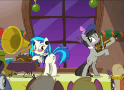 Size: 662x482 | Tagged: safe, screencap, dj pon-3, evening stroll, octavia melody, paraviolet, pinkie pie, spirit of hearth's warming presents, vinyl scratch, earth pony, pony, unicorn, a hearth's warming tail, g4, animated, bipedal, cute, dancing, diapinkes, discovery family logo, female, mare, musical instrument, phonograph, song in the comments, victrola scratch, violin, wax cylinder
