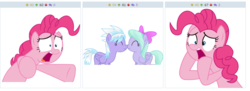 Size: 779x284 | Tagged: safe, cloudchaser, flitter, pinkie pie, derpibooru, g4, boop, exploitable meme, juxtaposition, juxtaposition win, meme, meta, noseboop