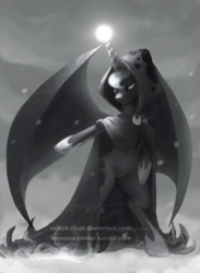 Size: 910x1240 | Tagged: safe, artist:grissaecrim, princess luna, spirit of hearth's warming yet to come, pony, a hearth's warming tail, g4, bipedal, cloak, clothes, female, monochrome, snow, snowfall, solo