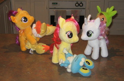 Size: 2504x1649 | Tagged: safe, artist:cheerbearsfan, apple bloom, scootaloo, sweetie belle, chespin, fennekin, froakie, g4, cutie mark crusaders, irl, photo, plushie, pokémon