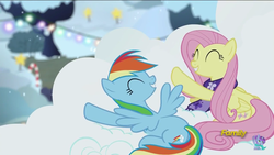 Size: 1920x1080 | Tagged: safe, screencap, fluttershy, rainbow dash, pegasus, pony, a hearth's warming tail, g4, canon flutterdash, clothes, cloud, cute, dashabetes, discovery family logo, duo, eyes closed, female, implied flutterdash, implied lesbian, implied shipping, mare, scarf, shyabetes, smiling