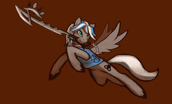 Size: 1200x730 | Tagged: safe, artist:melon blitz, oc, oc only, oc:artemis whooves, pegasus, pony, action, brown background, clothes, disney, flying, grey pegasus, keyblade, kingdom hearts, simple background, solo, vest, weapon, wind up key