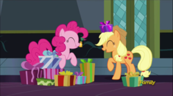 Size: 1361x762 | Tagged: safe, screencap, applejack, pinkie pie, a hearth's warming tail, g4, bell, discovery family logo, present, scrunchy face