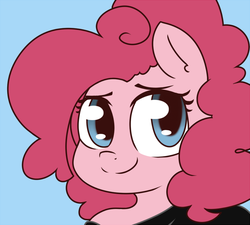 Size: 800x720 | Tagged: safe, artist:pink-dooples, pinkie pie, g4, alternate hairstyle, baggy sweater, blue background, bust, clothes, cute, diapinkes, female, off shoulder, portrait, simple background, solo