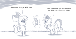 Size: 1600x817 | Tagged: dead source, safe, artist:pentrig, apple bloom, sweetie belle, earth pony, pony, unicorn, g4, cutie mark, dialogue, f, grades, magic, monochrome, open mouth, report card, sketch, sweetie fail, sweetiedumb, the cmc's cutie marks