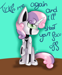 Size: 1024x1229 | Tagged: safe, artist:feathershine1, sweetie belle, pony, robot, robot pony, unicorn, g4, female, filly, foal, hooves, horn, raised hoof, sitting, solo, sweetie bot, text, unamused