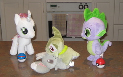 Size: 2366x1478 | Tagged: safe, artist:cheerbearsfan, spike, sweetie belle, axew, minccino, g4, build-a-bear, female, irl, male, photo, plushie, pokémon, ship:spikebelle, shipping, straight, ultra ball