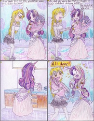 Size: 1024x1316 | Tagged: safe, artist:meiyeezhu, derpy hooves, princess cadance, princess flurry heart, human, alicorn humanization, anime, baby, baby bottle, babysitting, bedroom, blanket, cabinet, clothes, comic, crystal castle, cute, diaper, dress, flurrybetes, goofy, gown, horned humanization, humanized, humanized ponified human, old master q, oops, parody, shocked, skirt, socks, sweater, thigh highs, traditional art, upside down, whoops, winged humanization