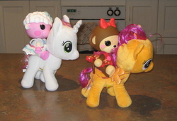 Size: 2064x1402 | Tagged: safe, artist:cheerbearsfan, scootaloo, sweetie belle, monkey, sheep, g4, doll, irl, lalaloopsy, photo, plushie, riding, toy