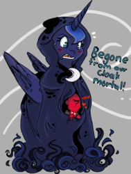 Size: 565x746 | Tagged: safe, artist:anonymous, princess luna, spirit of hearth's warming yet to come, oc, oc:anon, human, a hearth's warming tail, g4, /pone/, 8chan, blushing, cloak, clothes, heart, hood, open mouth, red anon, tsundere, tsunderuna, wide eyes