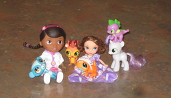 Size: 2458x1402 | Tagged: safe, artist:cheerbearsfan, spike, sweetie belle, frog, g4, blind bag, brushable, doc mcstuffins, doll, irl, littlest pet shop, photo, princess sofia, russell ferguson, sofia the first, sunil nevla, toy