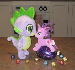 Size: 1883x1765 | Tagged: safe, artist:cheerbearsfan, spike, twilight sparkle, g4, chocolate, chocolate egg, food, irl, photo, plushie