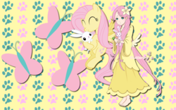 Size: 2560x1600 | Tagged: safe, angel bunny, fluttershy, human, g4, barefoot, clothes, feet, female, flower, flower in hair, humanized, long skirt, skirt, solo, wallpaper