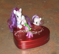 Size: 1896x1746 | Tagged: safe, artist:cheerbearsfan, rarity, spike, sweetie belle, g4, blind bag, box, box of chocolates, brushable, female, irl, male, palindrome get, photo, ship:sparity, shipping, straight, toy