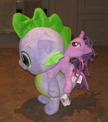 Size: 1821x2061 | Tagged: safe, artist:cheerbearsfan, spike, twilight sparkle, g4, irl, photo, plushie, ponies riding dragons, riding, twilight riding spike