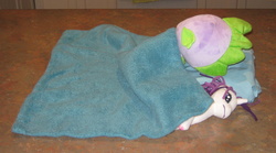 Size: 2614x1455 | Tagged: safe, artist:cheerbearsfan, rarity, spike, g4, blanket, irl, photo, plushie, sleeping