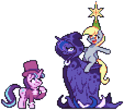 Size: 452x404 | Tagged: safe, artist:mrponiator, derpy hooves, princess luna, snowfall frost, spirit of hearth's warming yet to come, starlight glimmer, pegasus, pony, unicorn, a hearth's warming tail, g4, season 6, :t, animated, cute, dendrophilia, derpabetes, derpy riding luna, derpy star, female, fetish, frown, gif, glare, hat, luna is not amused, mare, open mouth, photoshop, pixel art, ponies riding ponies, riding, simple background, smiling, sweet dreams fuel, tentacles, top hat, transparent background, unamused, waving
