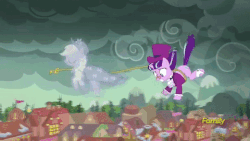 Size: 480x270 | Tagged: safe, screencap, applejack, snowfall frost, spirit of hearth's warming past, starlight glimmer, a hearth's warming tail, g4, animated, discovery family logo, female, flailing, flying, lasso, rope