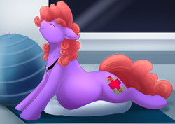 Size: 1280x904 | Tagged: safe, artist:nsfwbonbon, oc, oc only, oc:violet patronage, backbend, cobra stretch, collar, exercise ball, pillow, pregnant, project alicorn, smiling, solo, stretching