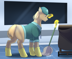 Size: 1280x1051 | Tagged: safe, artist:nsfwbonbon, oc, oc only, blank flank, hairnet, janitor, magic, mop, project alicorn, solo