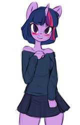 Size: 800x1253 | Tagged: safe, artist:skecchiart, twilight sparkle, unicorn, anthro, g4, alternate hairstyle, blushing, clothes, female, looking at you, simple background, sketch, smiling, solo, white background
