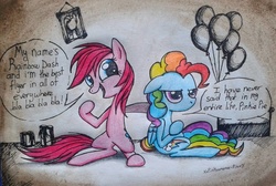 Size: 1101x738 | Tagged: safe, artist:xxpinkamena-piexx, pinkie pie, rainbow dash, g4, alternate hairstyle, balloon, dynamic dash, hairstyle swap, mane swap, traditional art, unamused