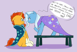 Size: 2000x1362 | Tagged: safe, artist:pikokko, sunburst, trixie, pony, unicorn, g4, blushing, dialogue, duo, face to face, female, frown, glasses, implied lesbian, implied shipping, implied starlight glimmer, implied startrix, intimidating, jealous, looking at each other, male, mare, possessive, purple background, simple background, sitting, stallion, sunburst's cloak, sunburst's glasses, table, threat, threatening, trixie's cape
