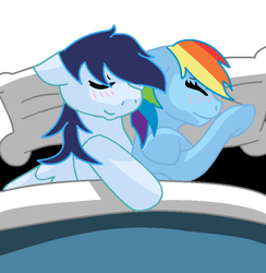 Size: 774x792 | Tagged: safe, artist:soarinrainbowdash3, rainbow dash, soarin', pony, g4, bed, cuddling, female, male, ship:soarindash, shipping, sleeping, snuggling, spooning, straight