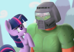 Size: 1024x724 | Tagged: safe, artist:providedduck, twilight sparkle, g4, crossover, doom, doom guy