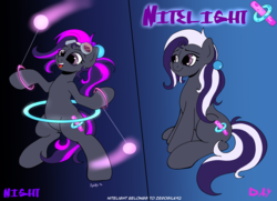 Size: 2162x1565 | Tagged: safe, artist:kyokimute, oc, oc only, oc:nitelight, earth pony, pony, commission, glowstick, goggles, ponytail, reference sheet