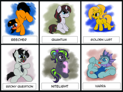 Size: 2941x2211 | Tagged: safe, artist:kyokimute, oc, oc only, oc:beecher, oc:brony question, oc:golden lust, oc:nitelight, oc:quantum shift, oc:varra, colt, cute, female, filly, handstand, high res, male, pose, small, smolwatcherscards