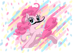 Size: 7016x4961 | Tagged: safe, artist:hananpacha, pinkie pie, g4, abstract background, absurd resolution, female, looking at you, moustache, raised hoof, solo, turned head