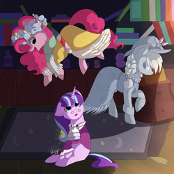 Size: 4000x4000 | Tagged: safe, artist:ognevitsa, applejack, pinkie pie, snowfall frost, spirit of hearth's warming past, spirit of hearth's warming presents, starlight glimmer, a hearth's warming tail, g4, absurd resolution