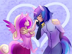 Size: 1000x753 | Tagged: safe, artist:cabbage-arts, princess cadance, shining armor, human, g4, clothes, dress, duo, eared humanization, female, horn, horned humanization, humanized, male, military uniform, tailed humanization, winged humanization