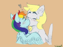 Size: 1600x1200 | Tagged: safe, artist:lxxjunebugxxl, derpy hooves, rainbow dash, pegasus, pony, g4, blushing, duo, eyes closed, female, heart, kiss on the lips, kissing, lesbian, mare, ship:derpydash, shipping, wings