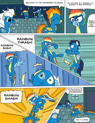 Size: 5100x6600 | Tagged: safe, artist:average-00, fleetfoot, rainbow dash, soarin', spitfire, pony, g4, newbie dash, absurd resolution, abuse, alternate ending, angry, clipper, clothes, comic, disproportionate retribution, do i look angry, firebuse, rainbow crash, screaming, soarinbuse, swirly eyes, tongue out, uppercut, violence, wonderbolts, wonderbolts uniform