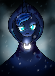 Size: 740x1026 | Tagged: safe, artist:not-ordinary-pony, princess luna, spirit of hearth's warming yet to come, a hearth's warming tail, g4, cloak, clothes, female, frown, looking at you, snow, snowfall, solo