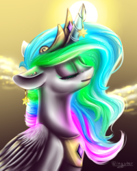 Size: 2000x2500 | Tagged: safe, artist:wingsterwin, princess celestia, alicorn, pony, g4, bust, eyes closed, female, floppy ears, high res, horn, horn jewelry, jewelry, portrait, solo