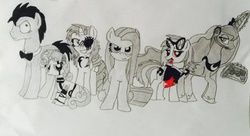 Size: 400x218 | Tagged: safe, artist:talkedpuma6023, dj pon-3, doctor whooves, pinkie pie, princess luna, rarity, sweetie belle, time turner, vinyl scratch, pony, robot, vampire, ask discorded whooves, gamer luna, lil-miss rarity, g4, black and white, discord whooves, grayscale, group, headset, male, monochrome, pinkamena diane pie, stallion, sweetie bot